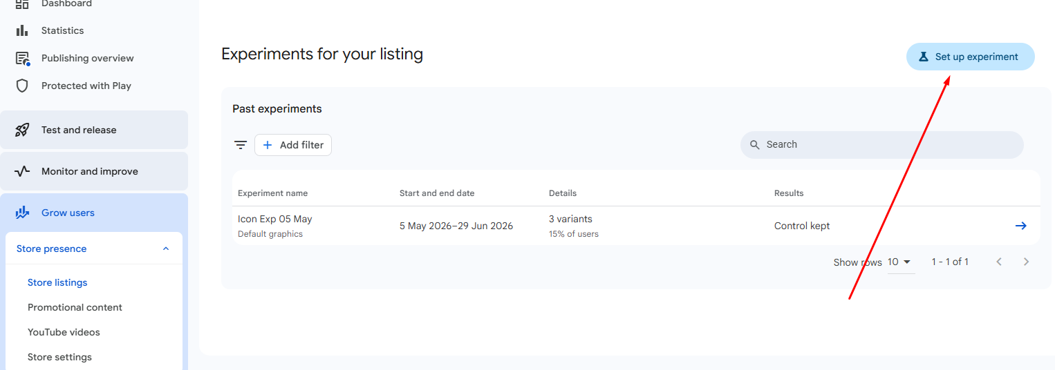 Experiments for your listing page in Play Console with a past icon experiment and the Set up experiment button