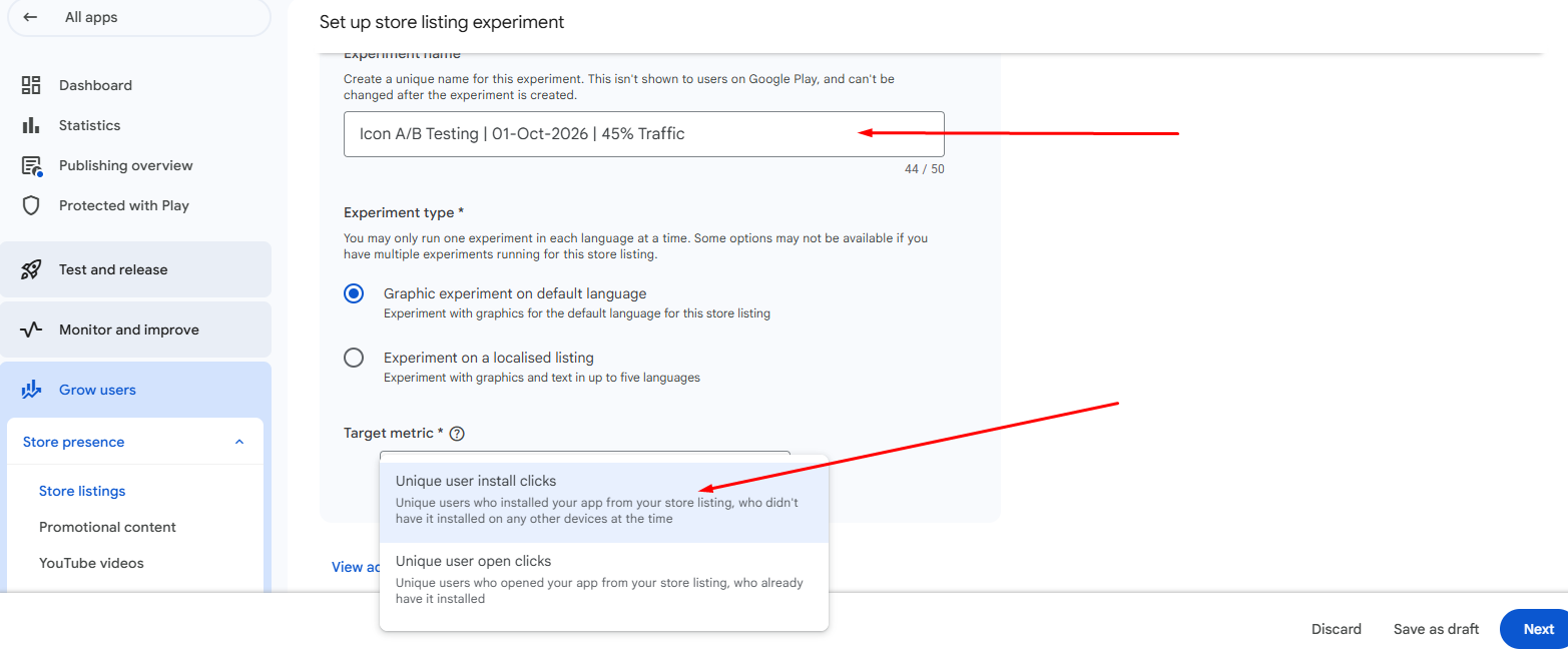 Set up store listing experiment form showing experiment name, experiment type and target metric options