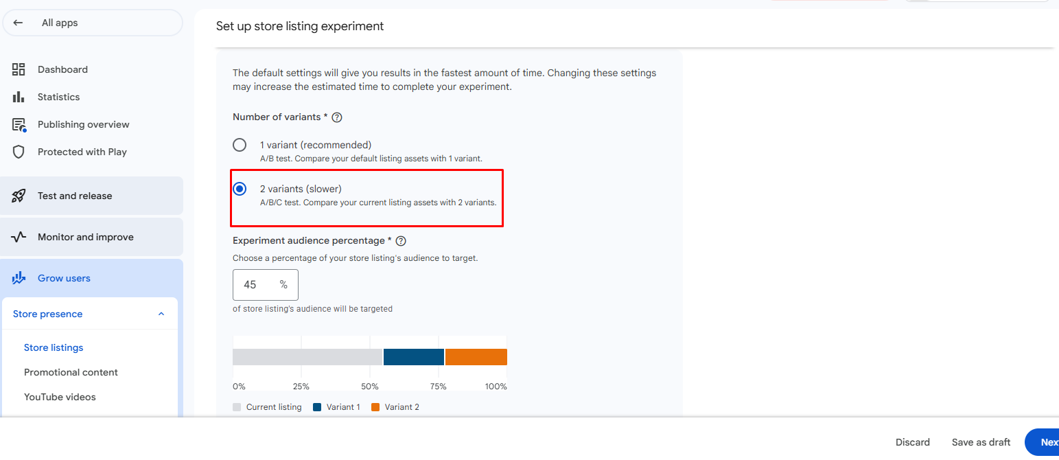 Number of variants and experiment audience percentage settings in Google Play Console