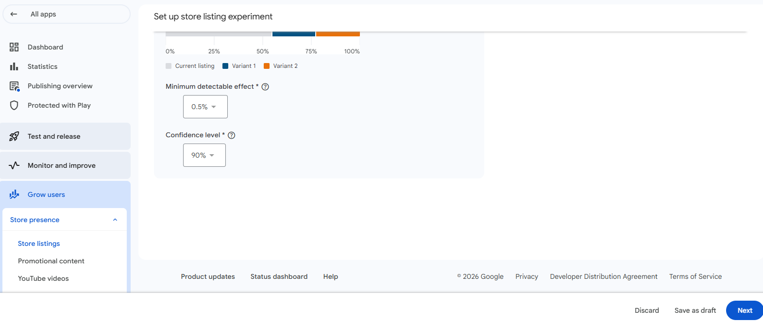 Minimum detectable effect and confidence level dropdowns in the Play Console experiment setup