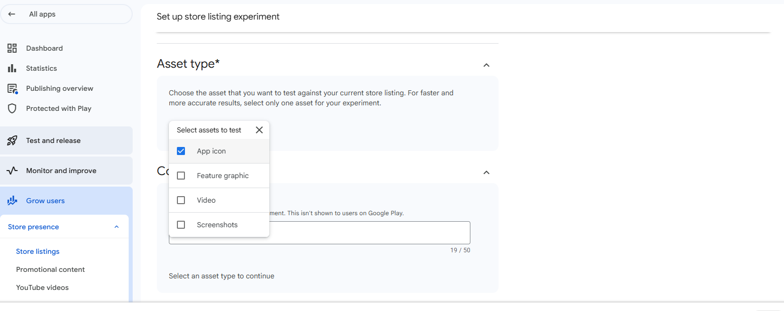 Asset type selector in Google Play experiment setup with App icon checked