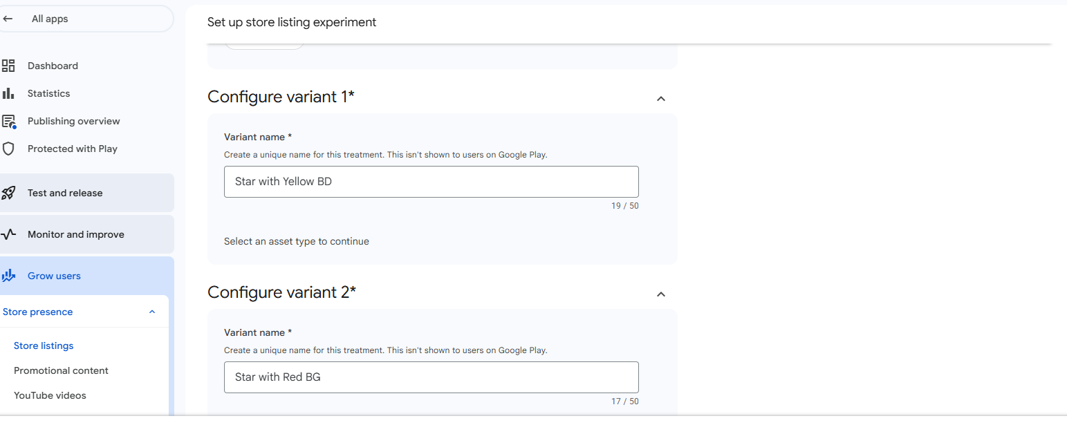 Configure variant 1 and variant 2 name fields in the Google Play experiment setup