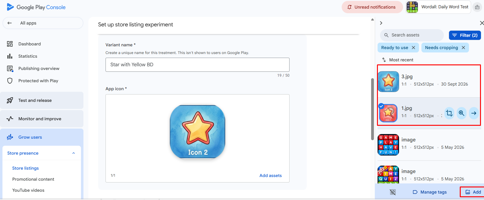 Google Play Console asset library panel used to add icon variants to a store listing experiment