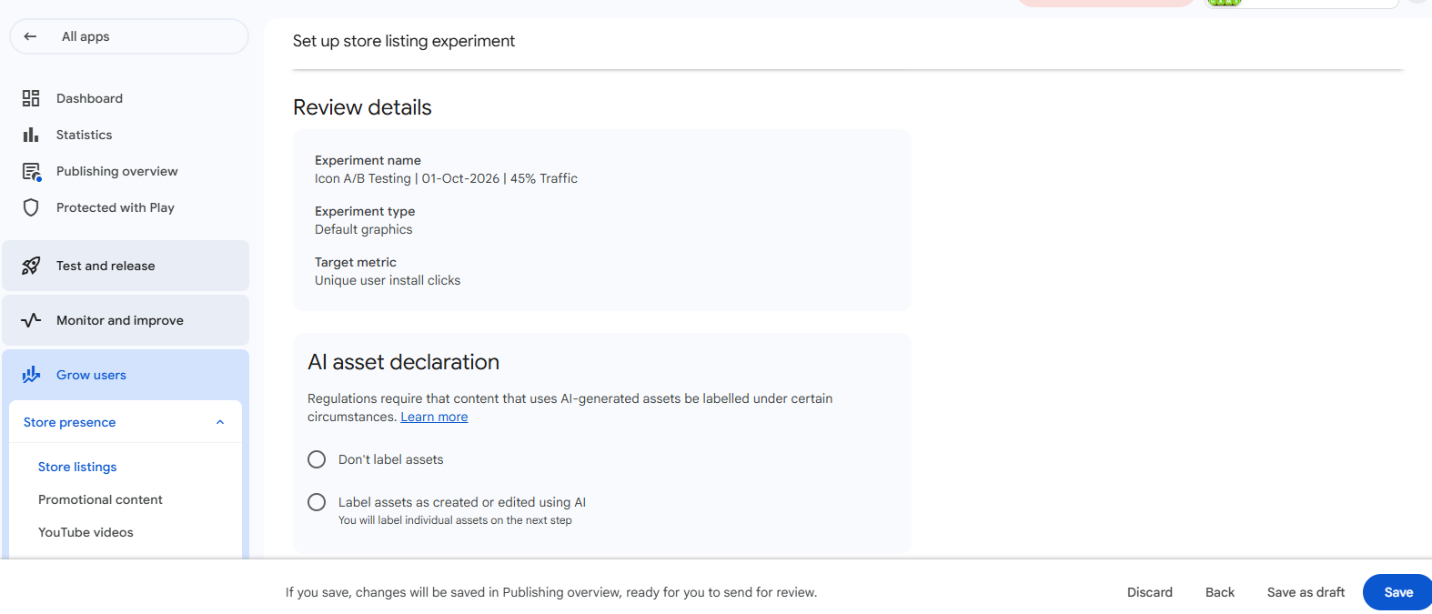 Review details screen with experiment name, type, target metric and AI asset declaration options