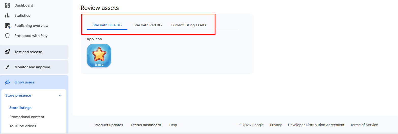 Review assets screen with tabs for each icon variant and the current listing assets